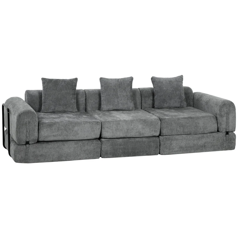 HOMCOM 96.5" Folding Sofa Bed, Convertible Boneless 3 Seater Modular Sectional Couch with Wide and Deep Seat, Grey