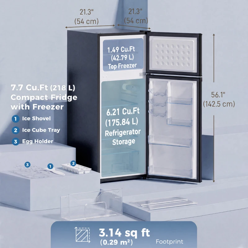 HOMCOM 7.7 Cu. Ft. Mini Fridge with Freezer, Compact Refrigerator with Adjustable Thermostat, Reversible Door, Black