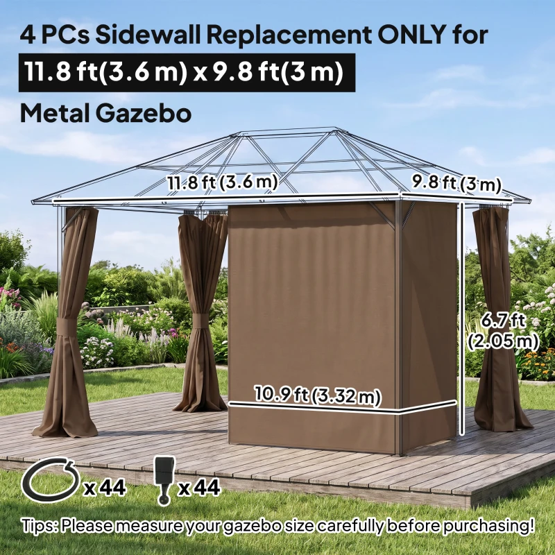 Outsunny Gazebo Curtains, 10' x 12' Universal Replacement Privacy Curtain, 4-Panels Sidewall with Hooks/C-Rings, Brown