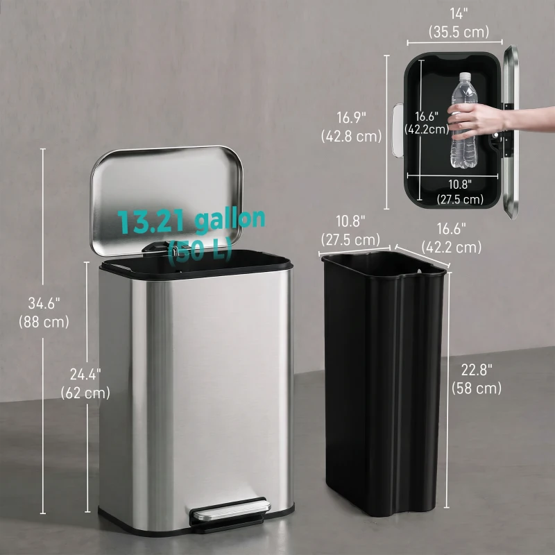 HOMCOM 13.2 Gallon Garbage Can, Slim Stainless Steel Trash Can with Removable PP Inner Bucket, Soft-Close Lid, Silver