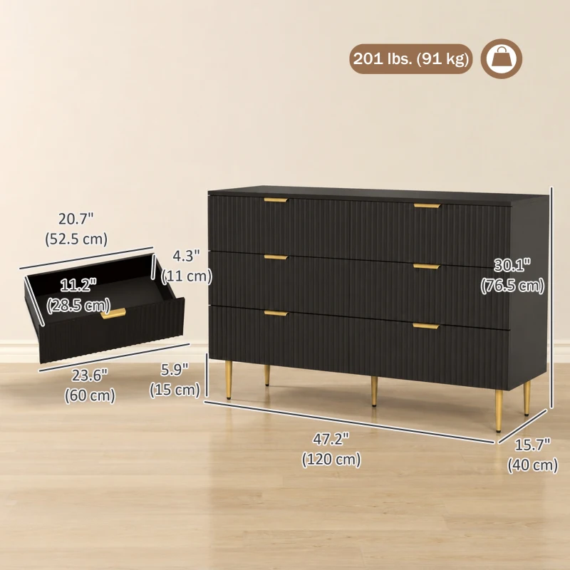 HOMCOM Modern Chest of Drawers 6 Drawer Dresser for Bedroom with Gold Legs and Handles, Black