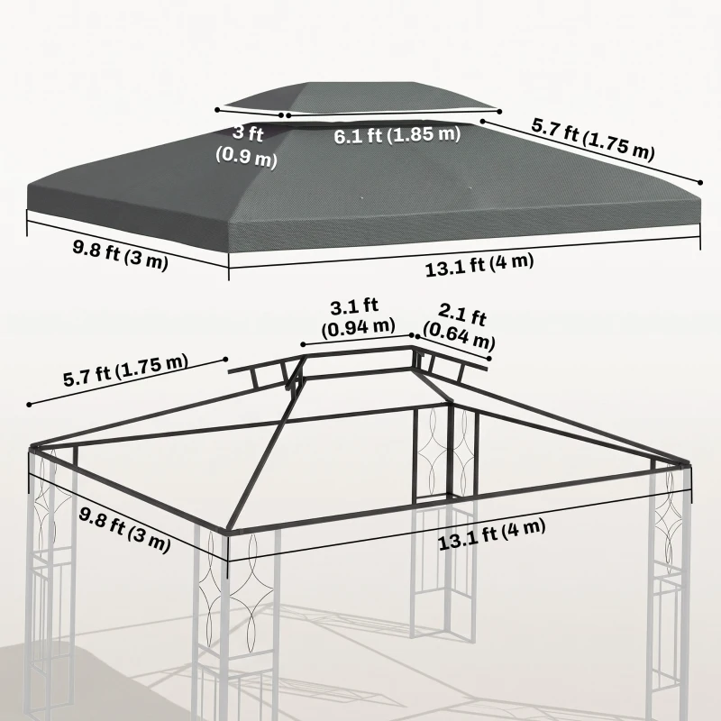 Outsunny 13' x 10' Gazebo Replacement Canopy 2 Tier Top UV Cover Pavilion Garden Patio Outdoor, Deep Grey (TOP ONLY)