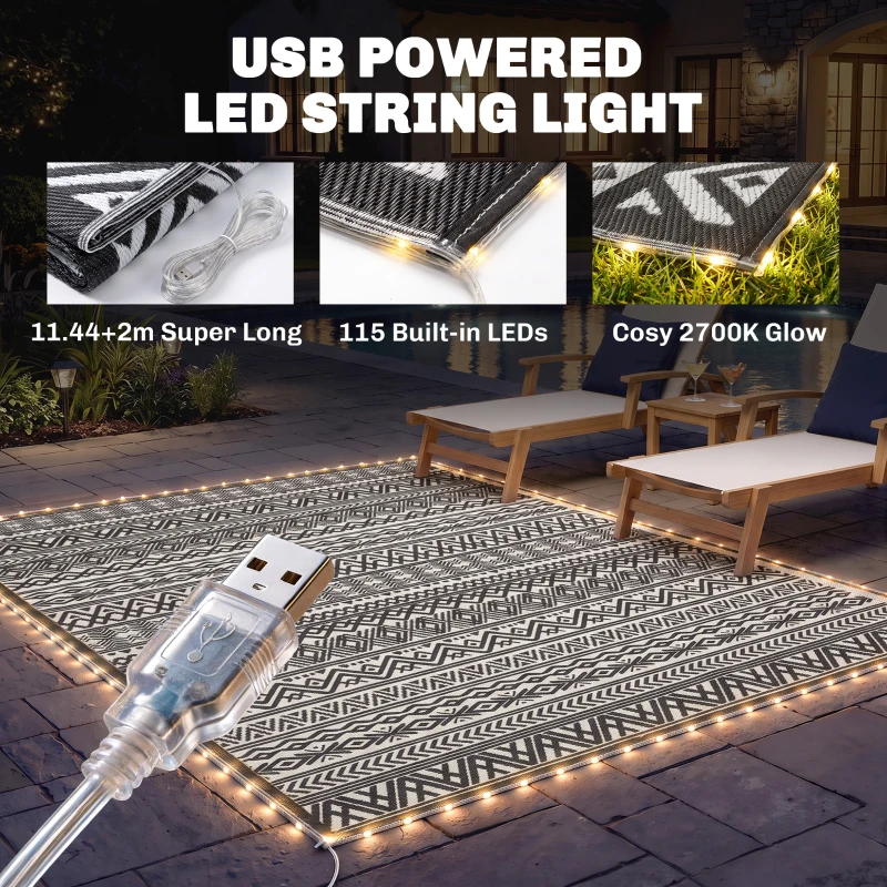 Outsunny Outdoor Rug Carpet with USB Lights Reversible Patio Rug with Carry Bag for Camping 10' x 8'