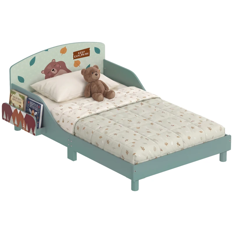 Qaba Toddler Bed with Bedside Storage, Guard Rails, Montessori Bed for Ages 3-8, Fits 132x70x10cm Mattress, Green Bear Print