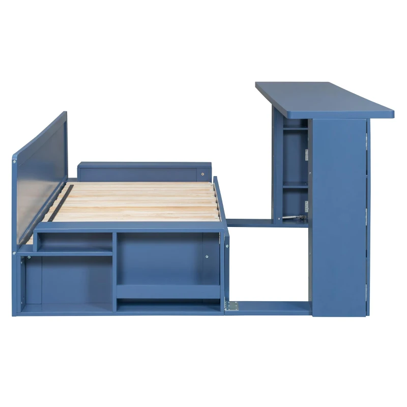 Modern Daybed with Removable Desk and Bottom Drawer, Multi-Functional Sofa Bed for Compact Apartments, 82" L x 71.5" W x 25.5" H, Blue