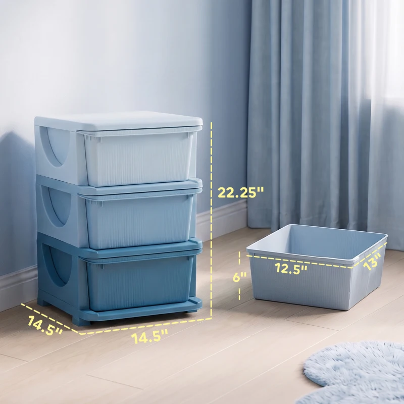 Qaba 3 Tier Kids Storage Unit, Toy Organizers and Storage with 3 Drawer for Bedroom Nursery Living Room for Boys Girls, Blue