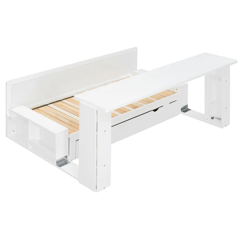 Modern Daybed with Removable Desk and Bottom Drawer, Multi-Functional Sofa Bed for Compact Apartments, 82" L x 71.5" W x 25.5" H, White