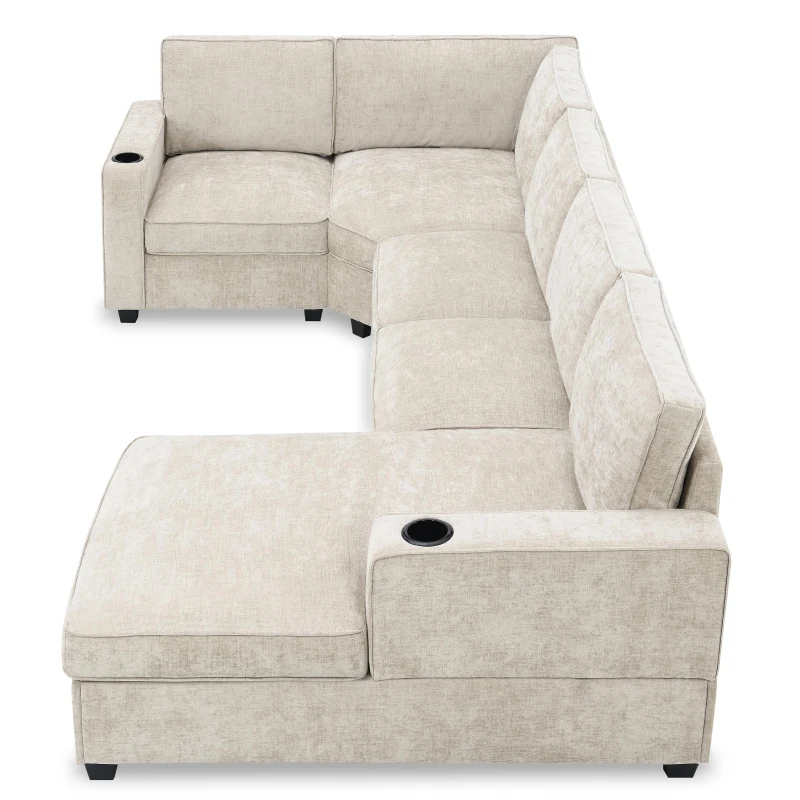 Plush Chenille U-Shaped Sectional Sofa with Cup Holders, Large Deep Seat Couch for Apartment, 117.5'' L x 68'' W x 31'' H, Beige
