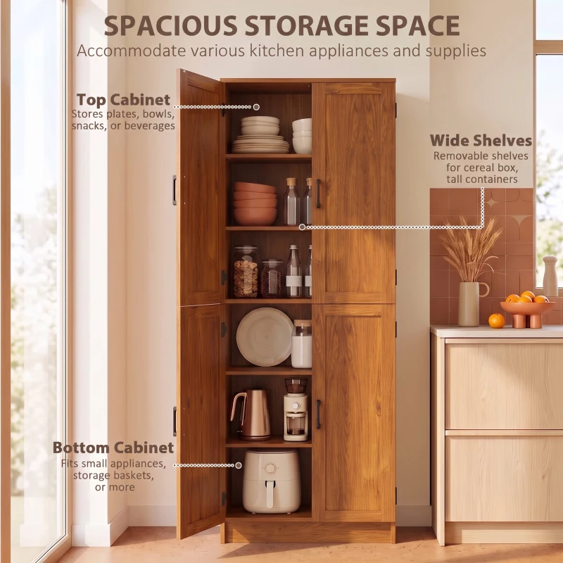HOMCOM Freestanding Kitchen Pantry, 4-Door Kitchen Pantry Cabinet with Adjustable Shelves and Doors, Teak