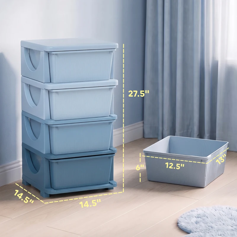 Qaba 30" 4 Tier Kids Storage Unit Dresser Tower w/ 4 Drawers, Blue