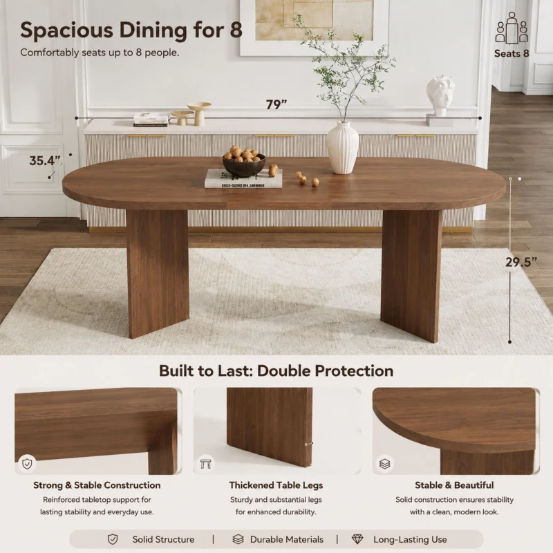 Modern Large Oval Dining Table with Double Pedestal Base, Wood Grain Kitchen Table for Kitchen, 79'' L x 35.5'' W x 29.5'' H, Walnut