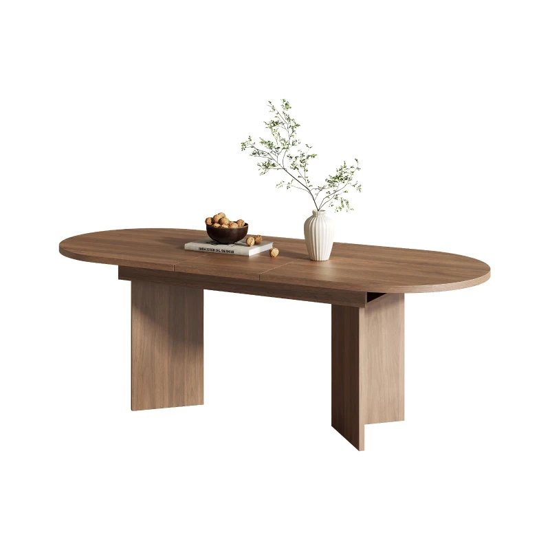 Modern Extendable Oval Dining Table with Dual-Pedestal Base, Expandable Wood Grain Kitchen Table for Kitchen, 79'' L x 35.5'' W x 29.5'' H, Walnut