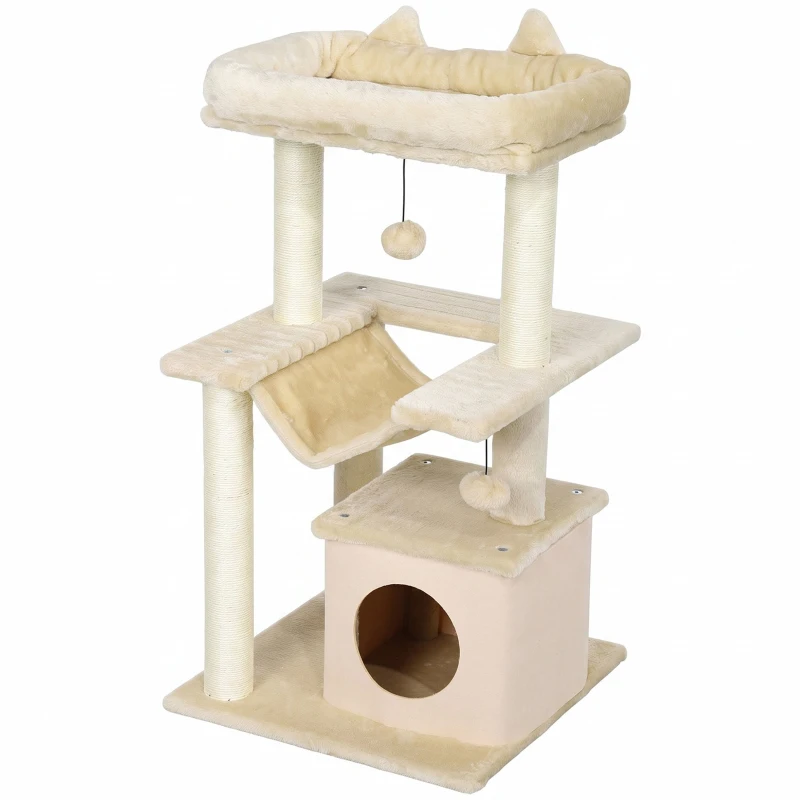 PawHut 39.25'' Cat Tree Tower Multi-Level Kitten House with Scratching Post Condo Hammock Bed Ball Toy - Beige