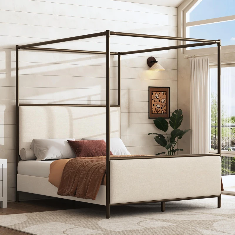 Modern 4-Poster Canopy Bed Frame with Upholstered Headboard, Steel Metal Sleeper Bed for Bedroom, 83.5'' L x 63'' W x 78.5'' H, Beige+Bronze