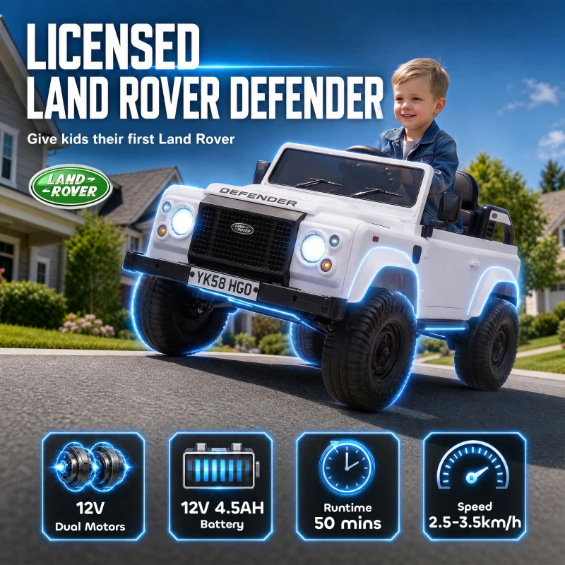 Qaba 12V Electric Car for Kids 3+ Years, Licensed Land Rover Defender Toddler Ride on Car w/ Remote Control, White