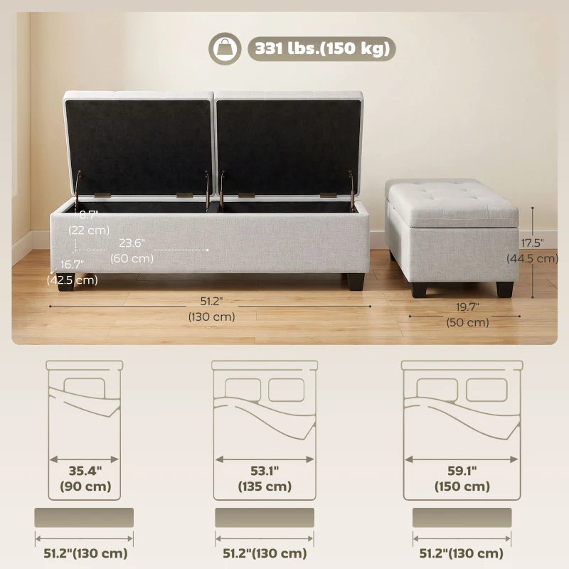 HOMCOM 51.2" Storage Ottoman Bench, End of Bed Bench with 2 Compartments, Dual Lift Lids, Cream White