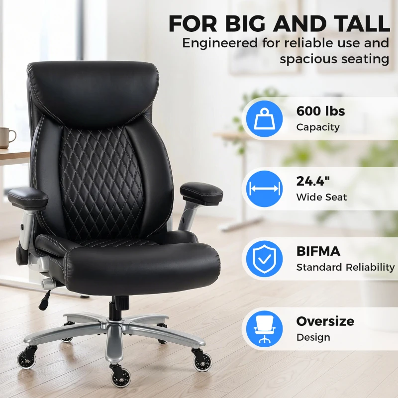 HOMCOM Ergonomic Office Chair with Inflatable Lumbar Support, 600 lbs, Heavy Duty Desk Chair, BIFMA, Headrest, Flip-Up Arms