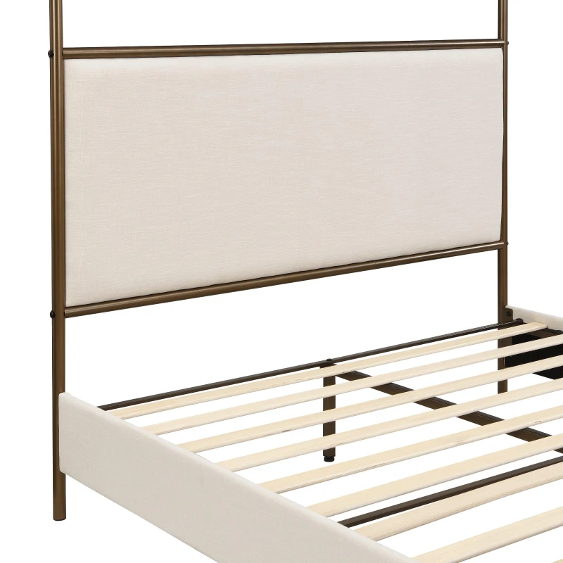Modern 4-Poster Canopy Bed Frame with Upholstered Headboard, Steel Metal Sleeper Bed for Bedroom, 83.5'' L x 63'' W x 78.5'' H, Beige+Bronze