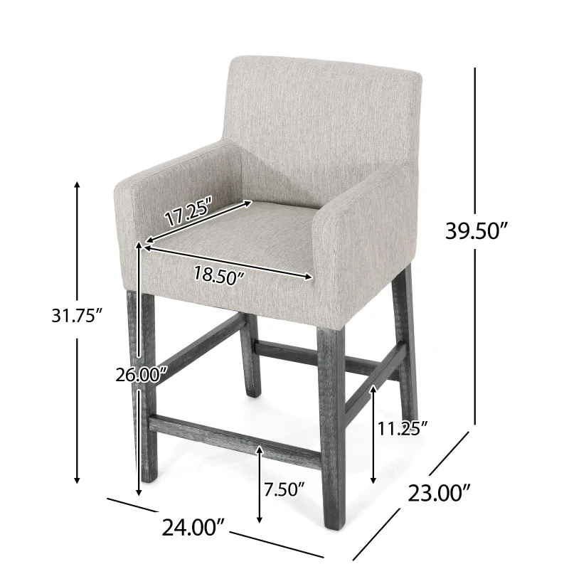 Contemporary Upholstered Counter Stools Set of 2 with Armrests, Soft Rubberwood Bar Stools for Kitchen Island, 24'' L x 23'' W x 39.5'' H, Light Grey