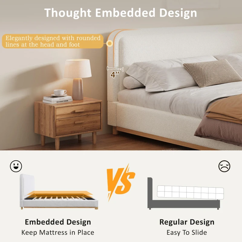 Modern Low-Profile King Bed Frame with Curved Headboard, Soft Bouclé Sleeper Bed for Bedroom, 87'' L x 81.5'' W x 40'' H, White