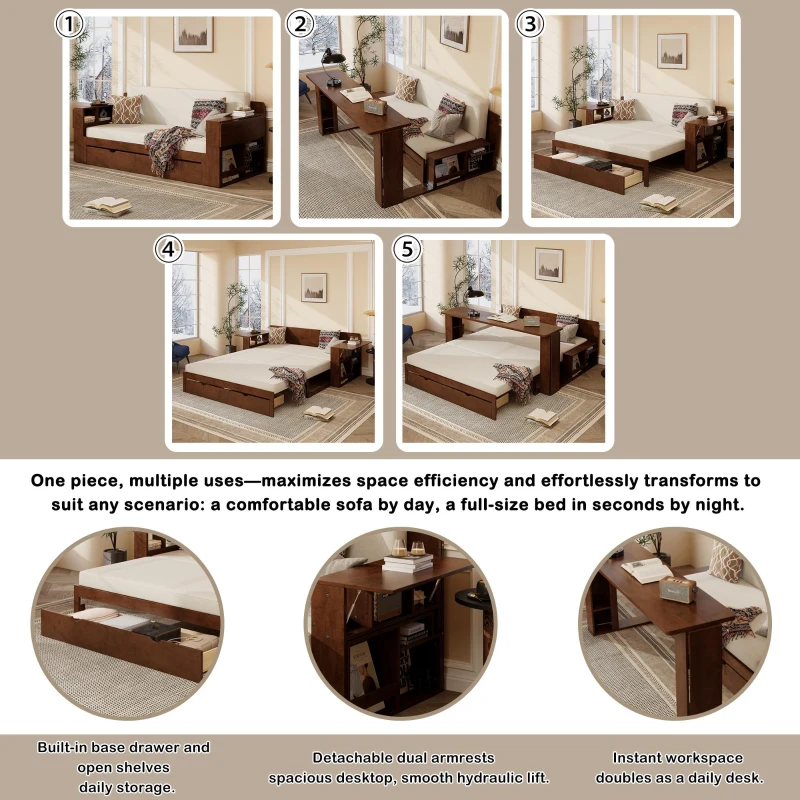 Modern Daybed with Removable Desk and Bottom Drawer, Multi-Functional Sofa Bed for Compact Apartments, 82" L x 71.5" W x 25.5" H, Espresso
