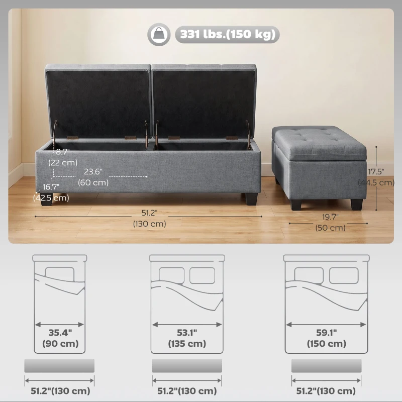 HOMCOM 51.2" Storage Ottoman Bench, End of Bed Bench with 2 Compartments, Dual Lift Lids, Dark Grey