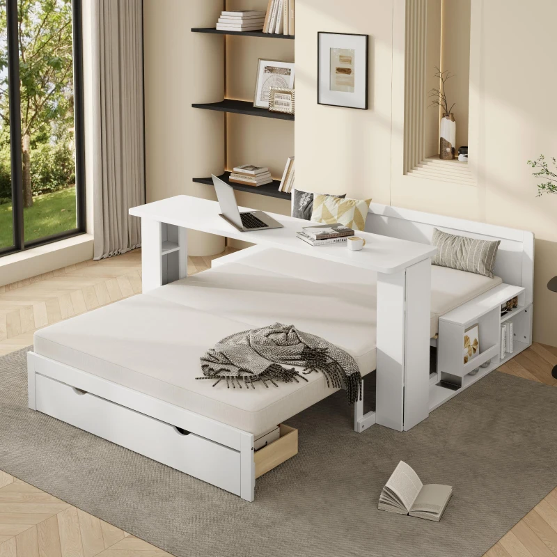 Modern Daybed with Removable Desk and Bottom Drawer, Multi-Functional Sofa Bed for Compact Apartments, 76.5" L x 65.5" W x 25.5" H, White