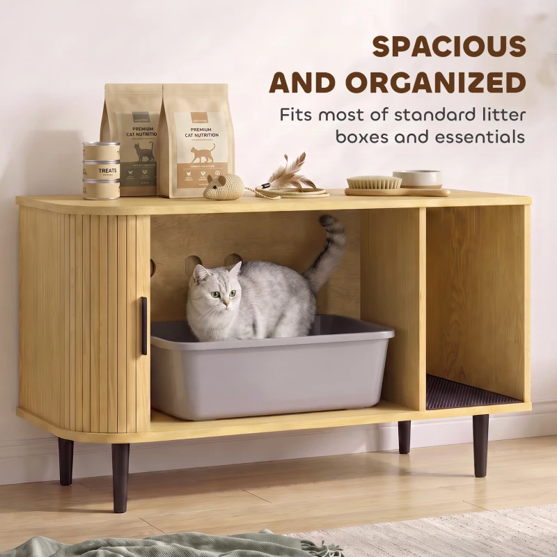 PawHut Cat Litter Box Enclosure with Sliding Door, Litter Mat, Modern Cat House, TV Stand, Side End Table for Living Room