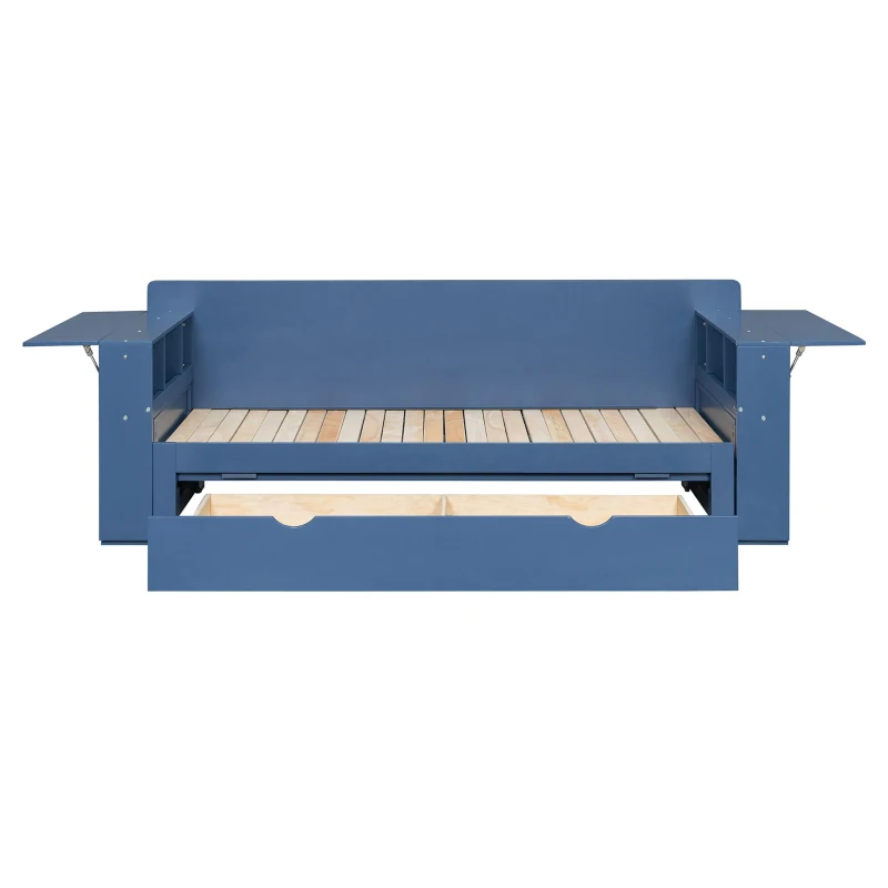 Modern Daybed with Removable Desk and Bottom Drawer, Multi-Functional Sofa Bed for Compact Apartments, 82" L x 71.5" W x 25.5" H, Blue