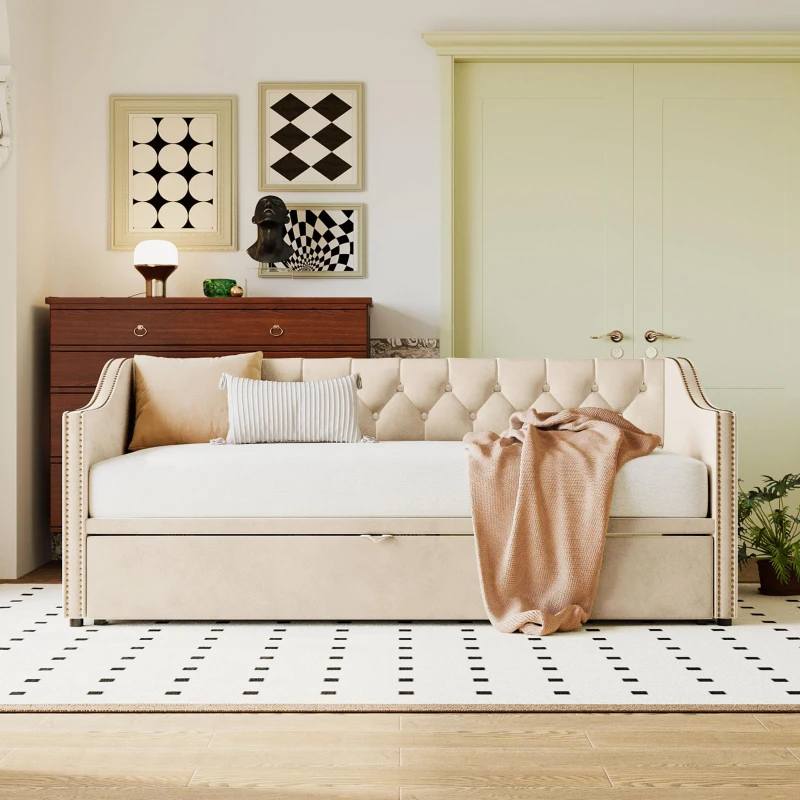 Practical Twin Upholstered Daybed with Pop-Up Trundle, Perfect Sofa Bed for Guest Rooms and Kids Rooms, 82" L x 81.5" W x 33" H, Beige