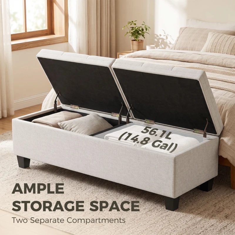 HOMCOM 51.2" Storage Ottoman Bench, End of Bed Bench with 2 Compartments, Dual Lift Lids, Cream White