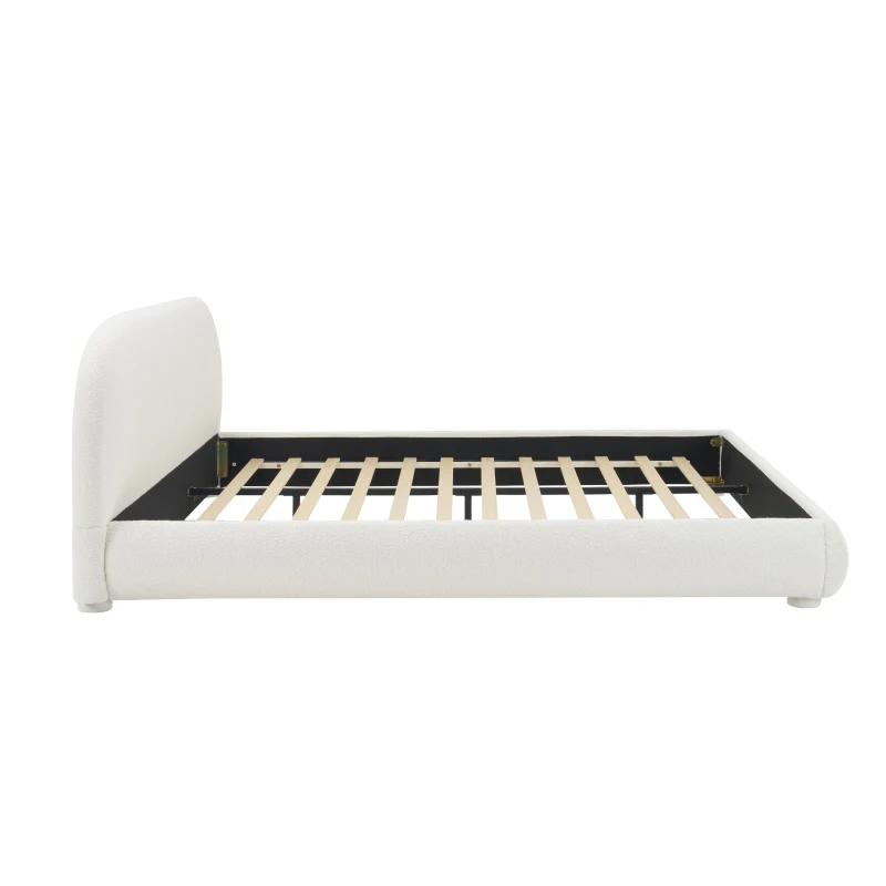 Modern Upholstered Queen Bed Frame with Curved Headboard, Soft Bouclé Platform Bed for Bedroom, 87'' L x 68.5'' W x 33.5'' H, Creamy White