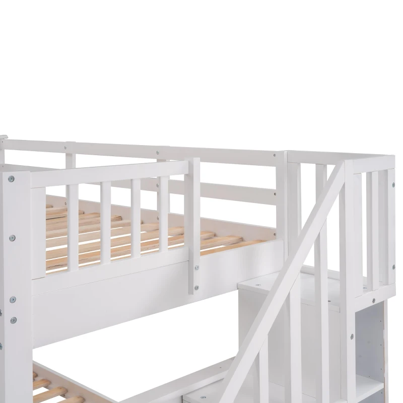 Practical Twin-Over-Twin Bunk Bed with Staircase Storage, Ideal Convertible Bunk Bed for Dorms, Children Bedrooms, 94" L x 42.5" W x 62" H, White