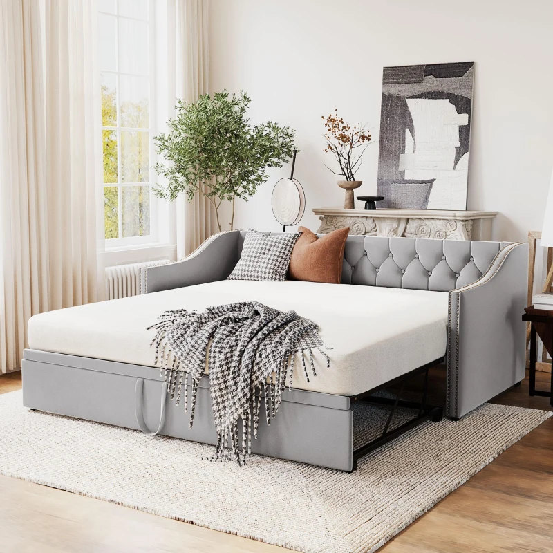 Practical Twin Upholstered Daybed with Pop-Up Trundle, Perfect Sofa Bed for Guest Rooms and Kids Rooms, 82" L x 81.5" W x 33" H, Gray