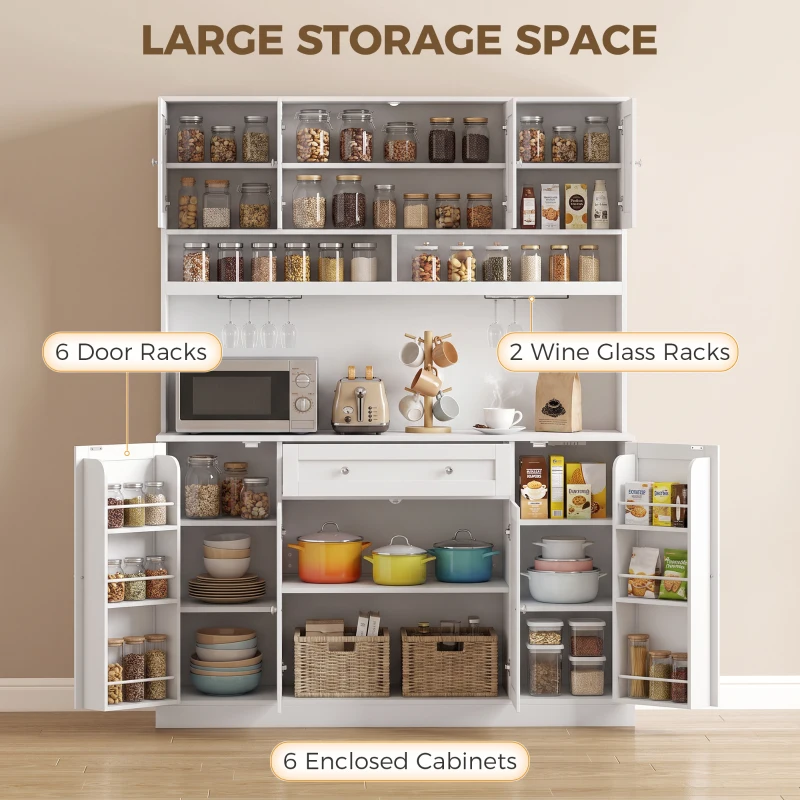 HOMCOM 73" Pantry Cabinet with Charging Station, 55" Wide Kitchen Pantry with Microwave Stand, White