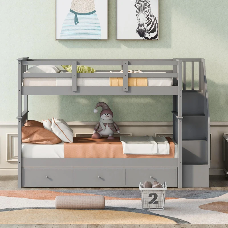 Practical Twin-Over-Twin Bunk Bed with Staircase Storage, Ideal Convertible Bunk Bed for Dorms, Children Bedrooms, 94" L x 42.5" W x 62" H, Gray