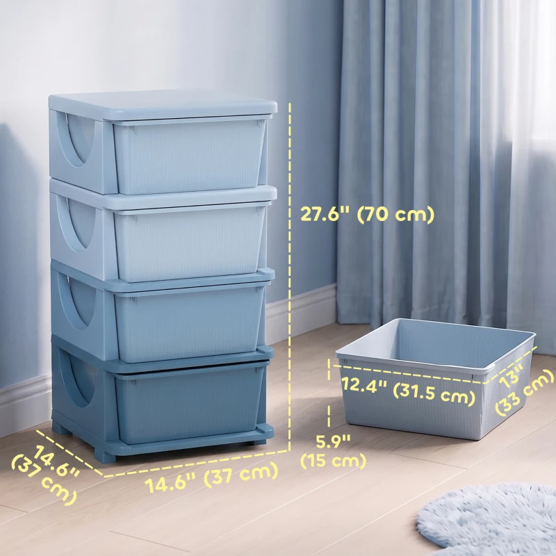 Qaba 4 Tier Kids Toy Organizer and Storage Bins with 4 Plastic Drawers, Blue