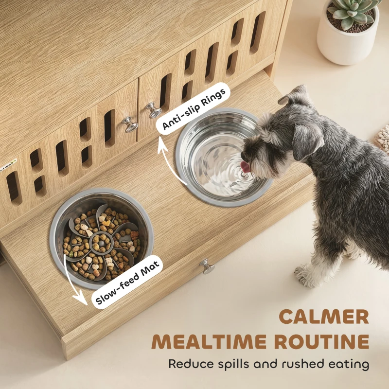 PawHut Dog Feeding Station, Pet Food Storage Cabinet with 2 Elevated Bowls & Slow-Feed Mat for Dogs & Cats