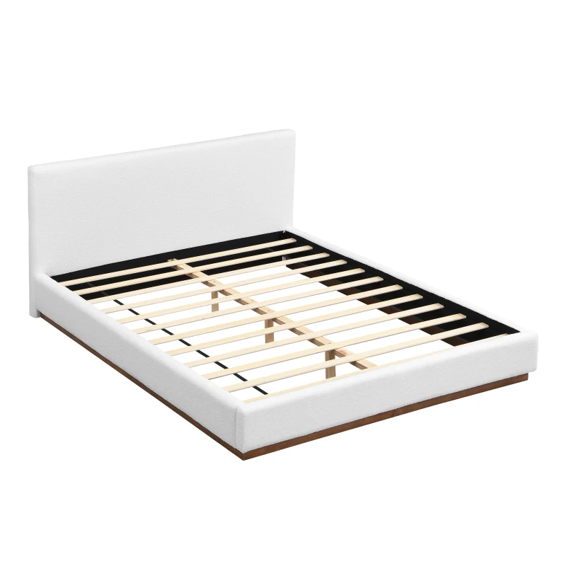 Elegant Upholstered Queen Bed Frame with Wooden Slats, Soft Teddy Fleece Platform Bed for Bedroom, 86.5'' L x 64.5'' W x 33.5'' H, Brown+White
