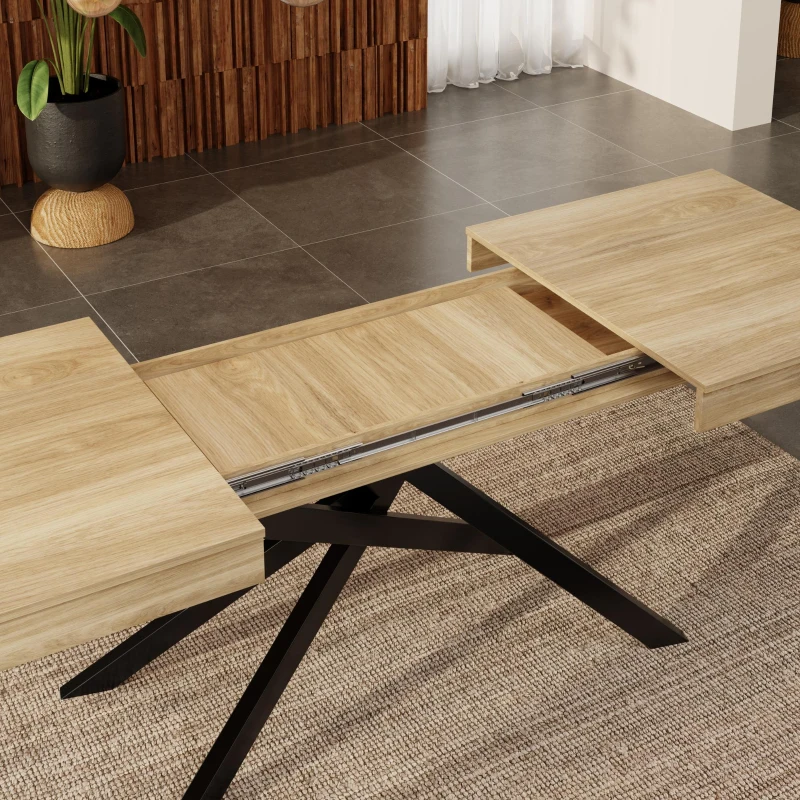 Modern Extendable Dining Table with Metal Cross Legs, Expandable Kitchen Table for Kitchen, 71'' L x 31.5'' W x 30'' H, Oak
