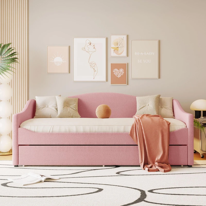 Space-Saving Upholstered Daybed with Twin Size Thurdle, Ideal Sofa Bed for Small Apartments, 79.5" L x 44" W x 33" H, Pink