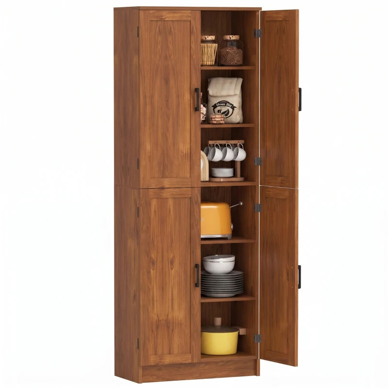 HOMCOM Freestanding Kitchen Pantry, 4-Door Kitchen Pantry Cabinet with Adjustable Shelves and Doors, Teak