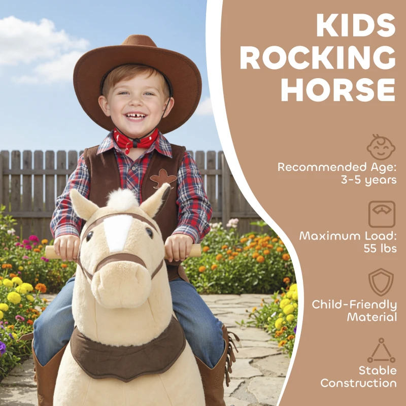Qaba Ride on Horse, Plush Riding Pony for Ages 3-5, Walking Horse Animal with Wheels for Active Play, Brown