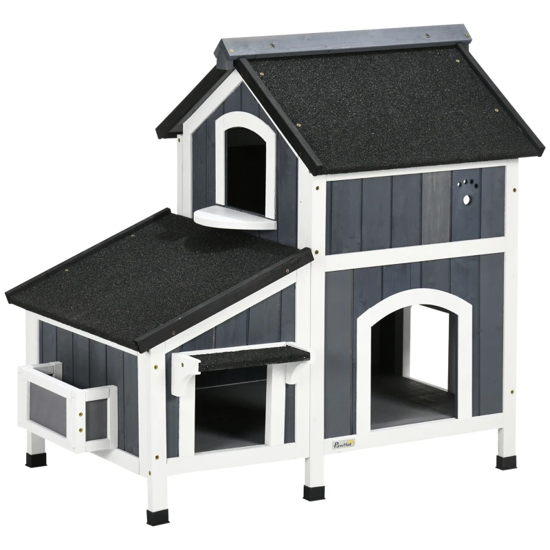 PawHut Outdoor Cat House with Weather-resistant Roof & Garden Bed, Outdoor Cat Shelter Enclosure with Multiple Entrances, Gray