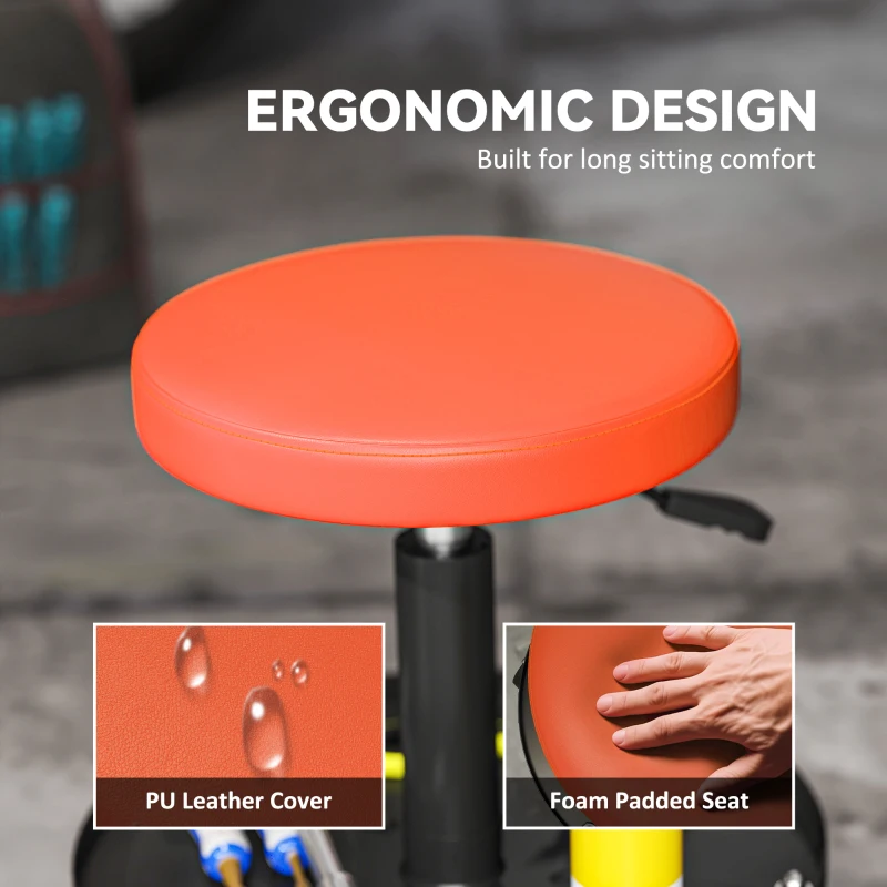 HOMCOM Rolling Garage Stool, 300 LBS Capacity Padded Mechanic Stool with 2.5" Wheels, Adjustable Height 15" -19.7", Orange