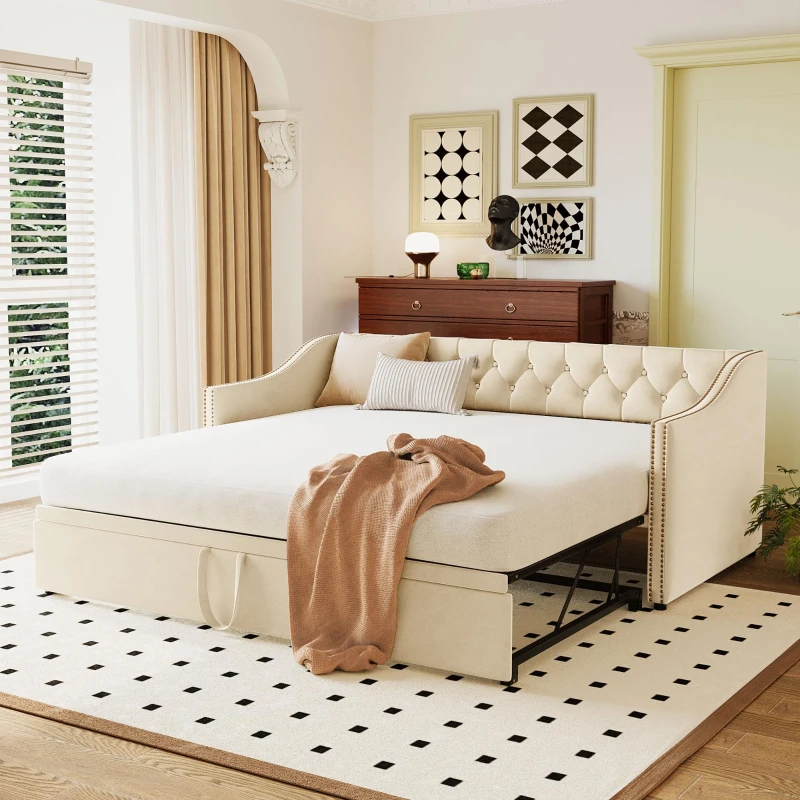 Practical Twin Upholstered Daybed with Pop-Up Trundle, Perfect Sofa Bed for Guest Rooms and Kids Rooms, 82" L x 81.5" W x 33" H, Beige