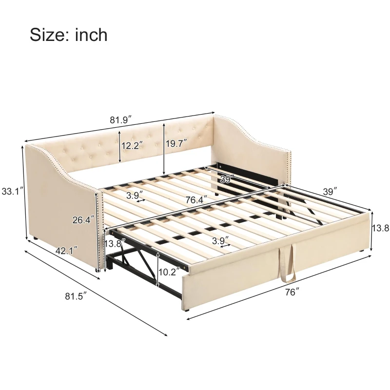 Practical Twin Upholstered Daybed with Pop-Up Trundle, Perfect Sofa Bed for Guest Rooms and Kids Rooms, 82" L x 81.5" W x 33" H, Beige