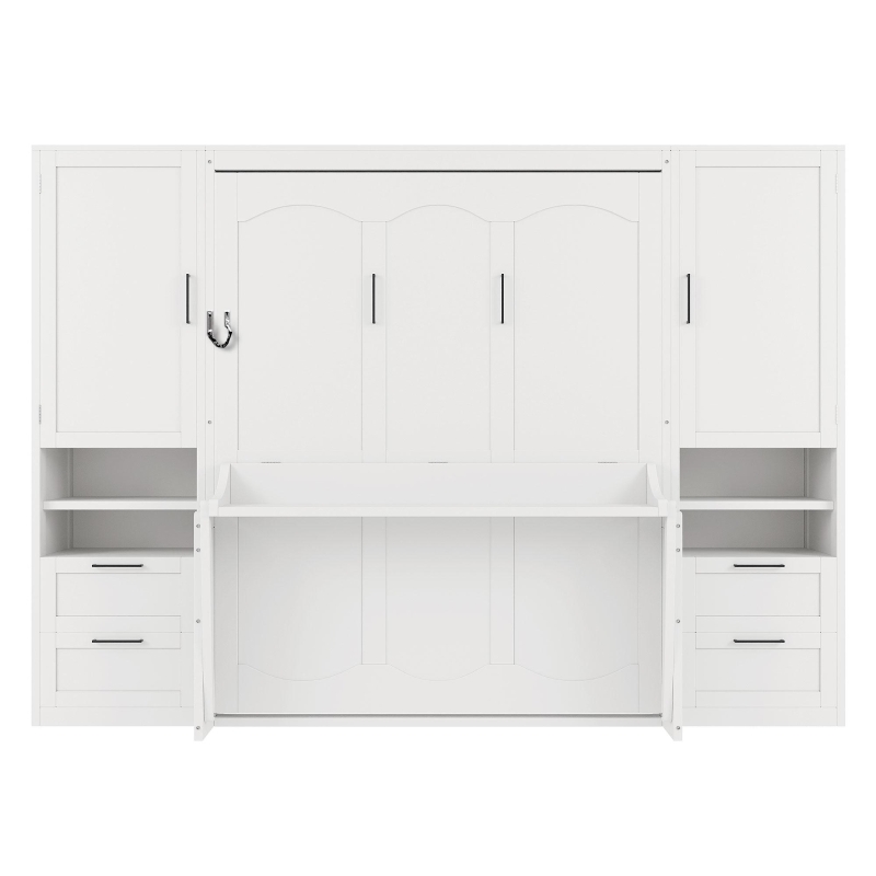 Functional Queen Murphy Bed with Side-Flip Space-Saving Design, Modern Wall Bed for Compact Bedrooms, 113.5" L x 16.5" W x 87" H, White