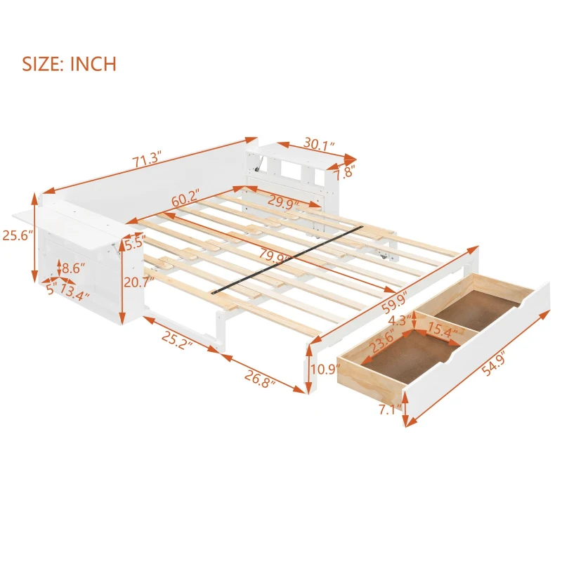Modern Daybed with Removable Desk and Bottom Drawer, Multi-Functional Sofa Bed for Compact Apartments, 82" L x 71.5" W x 25.5" H, White