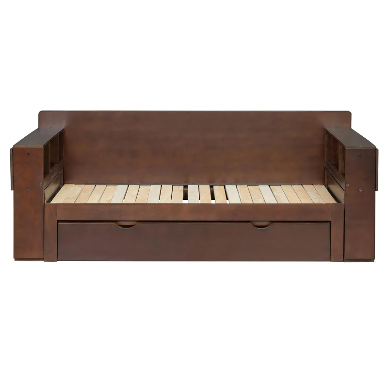 Modern Daybed with Removable Desk and Bottom Drawer, Multi-Functional Sofa Bed for Compact Apartments, 76.5" L x 65.5" W x 25.5" H, Espresso
